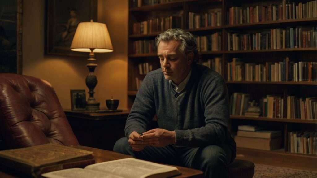 A person sitting in a cozy room, holding a found item and reflecting on its spiritual significance, surrounded by books and personal mementos.