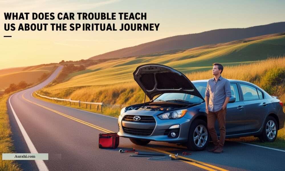 A car broken down on the side of a scenic road at sunset, with a person standing thoughtfully next to it, symbolizing the spiritual journey and finding meaning through adversity.