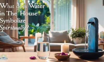 A tranquil living room with a glass of water on a table, an indoor fountain, candles, crystals, and a view of a serene garden, symbolizing the spiritual significance of water in the house.