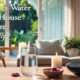A tranquil living room with a glass of water on a table, an indoor fountain, candles, crystals, and a view of a serene garden, symbolizing the spiritual significance of water in the house.
