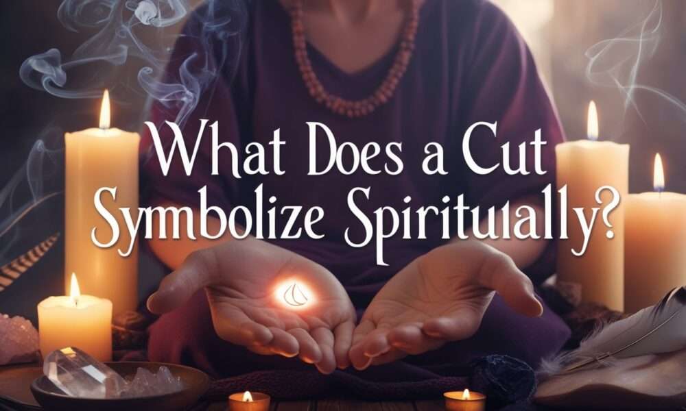 Feature image of a person with a glowing cut on their palm, surrounded by spiritual artifacts, with the title "What Does a Cut Symbolize Spiritually?" prominently displayed.