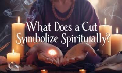 Feature image of a person with a glowing cut on their palm, surrounded by spiritual artifacts, with the title "What Does a Cut Symbolize Spiritually?" prominently displayed.