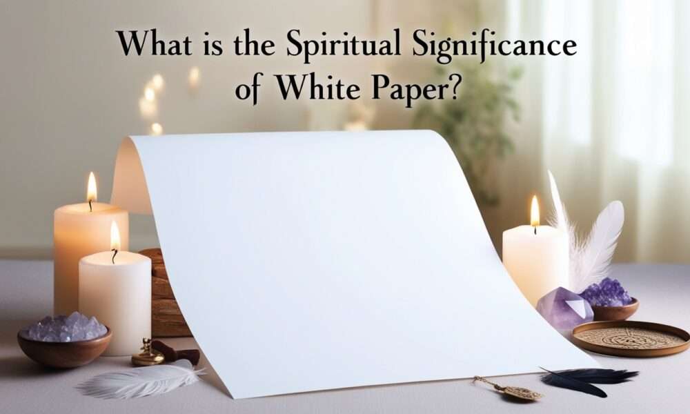 Feature image for the article "What is the Spiritual Significance of White Paper?" featuring a pristine white sheet of paper surrounded by spiritual symbols and artifacts, with the title prominently displayed.