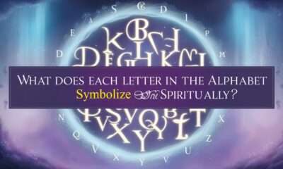 A mystical feature image with a serene, ethereal background in shades of blue and purple, displaying the alphabet with each letter glowing softly, surrounded by stars and light rays. The title "What Does Each Letter in the Alphabet Symbolize Spiritually?" is prominently displayed in elegant typography.