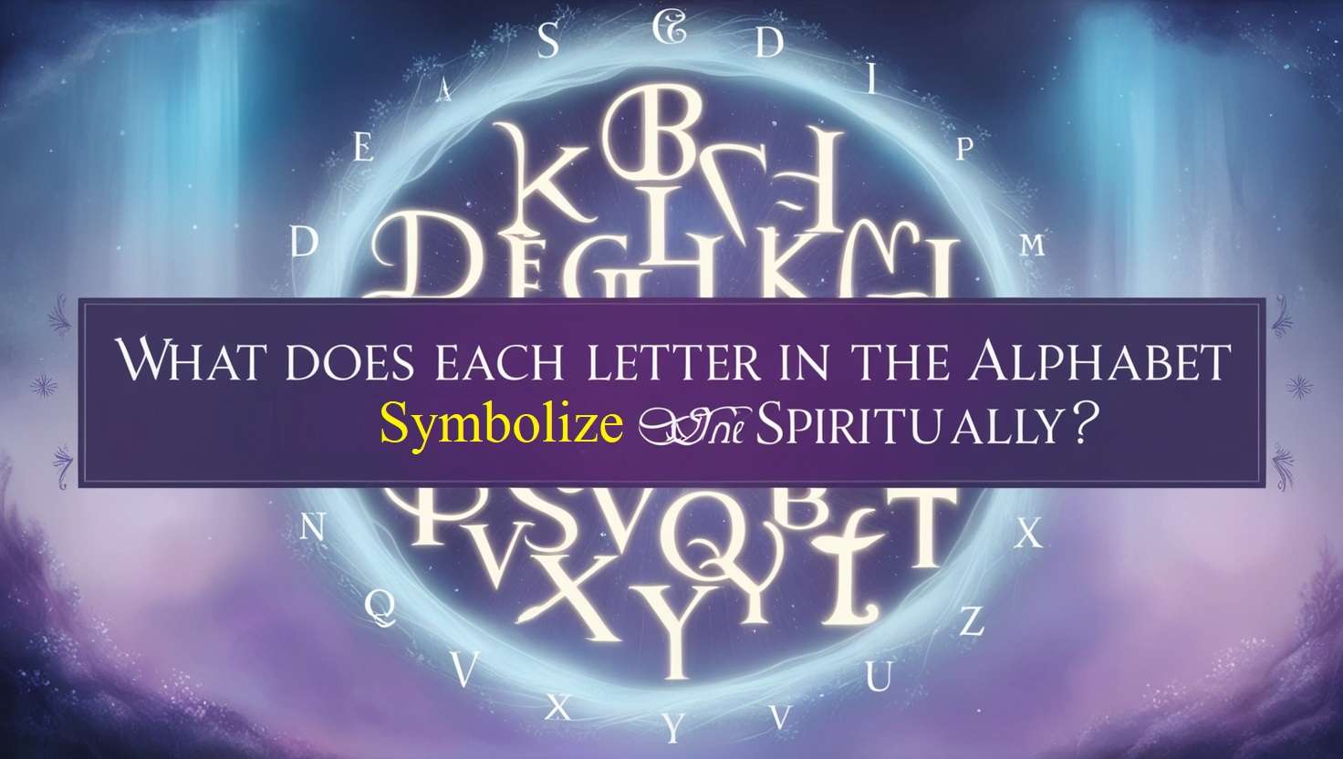 A mystical feature image with a serene, ethereal background in shades of blue and purple, displaying the alphabet with each letter glowing softly, surrounded by stars and light rays. The title "What Does Each Letter in the Alphabet Symbolize Spiritually?" is prominently displayed in elegant typography.