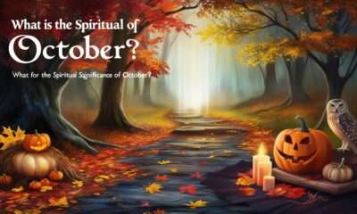 A mystical autumn forest path with colorful foliage, a carved pumpkin, an altar with candles, and an owl, symbolizing the spiritual significance of October.