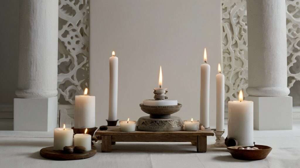 A serene scene featuring a pristine white sheet of paper surrounded by spiritual symbols and artifacts, symbolizing purity, innocence, and spirituality.