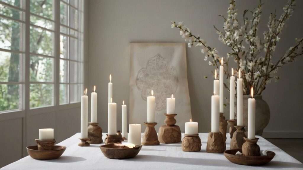 A serene scene featuring a pristine white sheet of paper surrounded by spiritual symbols and artifacts, symbolizing purity, innocence, and spirituality.